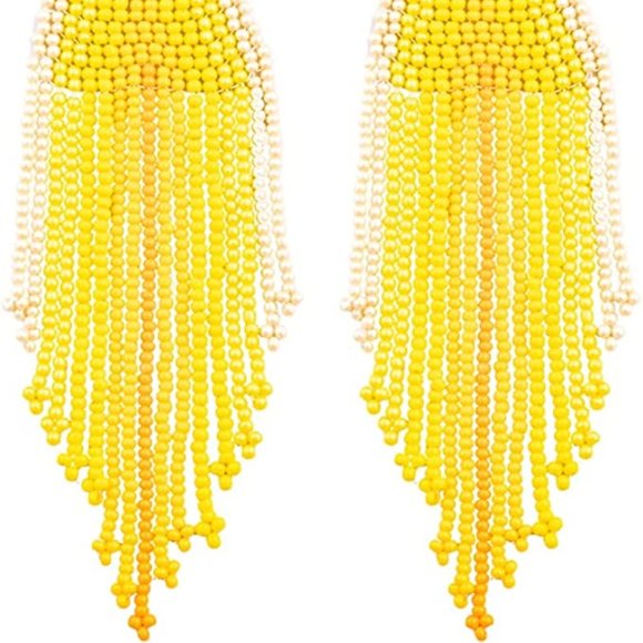 Long 5.5" Yellow Striped Earrings Handmade Oversized Beaded Bohemian Seed Beads - Picture 4 of 6